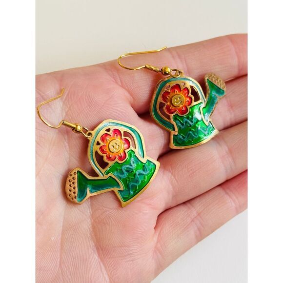 VTG Two Hands Jewelry‎ enamel floral Earrings dangle watering plant pot Pierced - Picture 1 of 6
